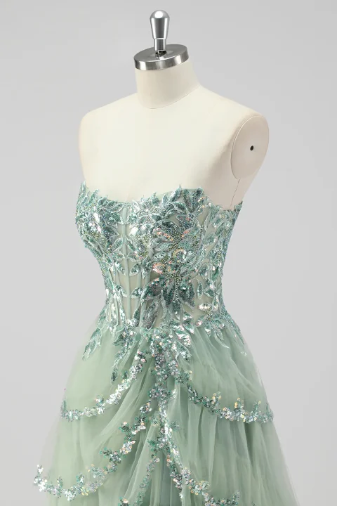 Buy Sage Green Sequin Corset Prom Dress with Slit