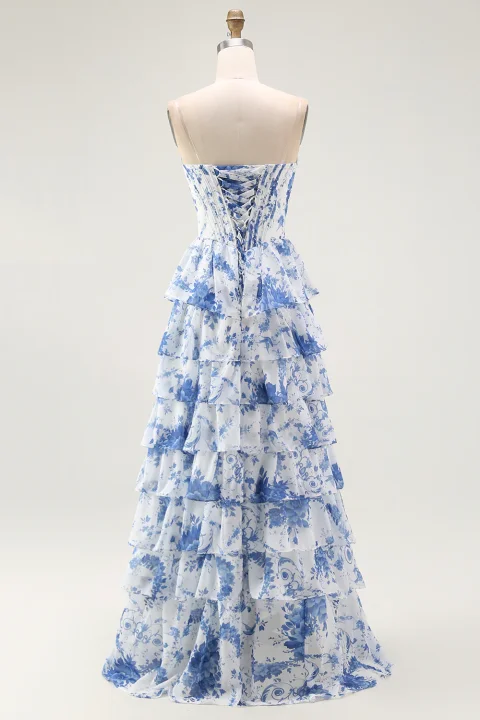 Blue and White Floral Corset Prom Dress with Slit | Elegant Formal Evening Gown