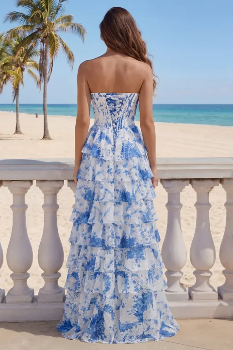 Blue and White Floral Corset Prom Dress with Slit | Elegant Formal Evening Gown