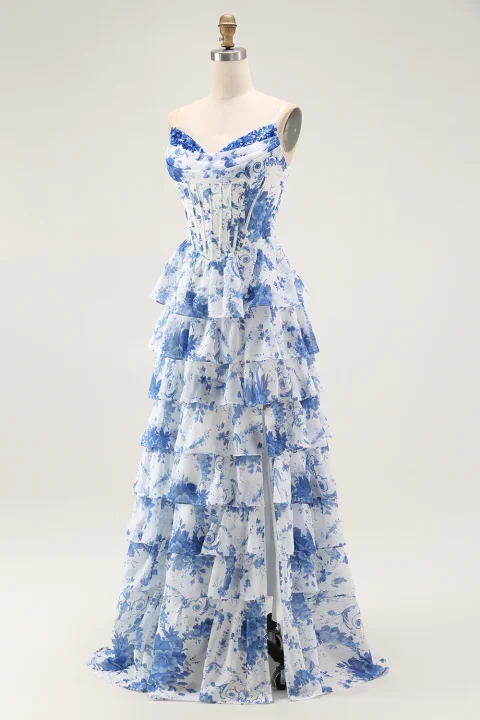 Blue and White Floral Corset Prom Dress with Slit | Elegant Formal Evening Gown