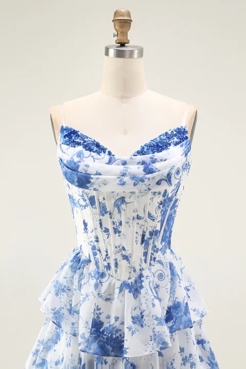 Blue and White Floral Corset Prom Dress with Slit | Elegant Formal Evening Gown