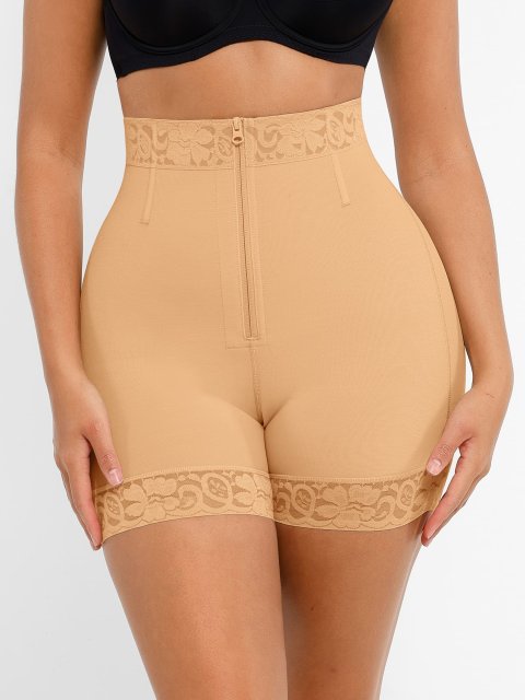 High-Waist Tummy Control Shaping Shorts with Clasps and Zipper