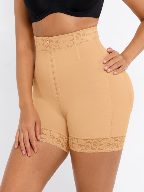 High-Waist Tummy Control Shaping Shorts with Clasps and Zipper