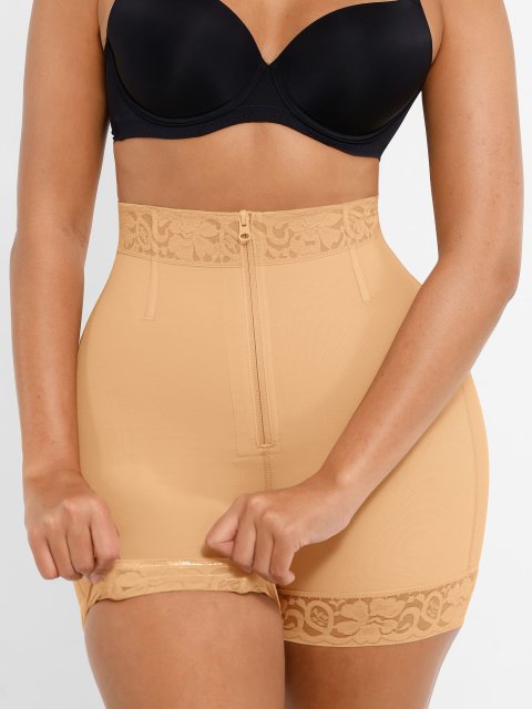 High-Waist Tummy Control Shaping Shorts with Clasps and Zipper
