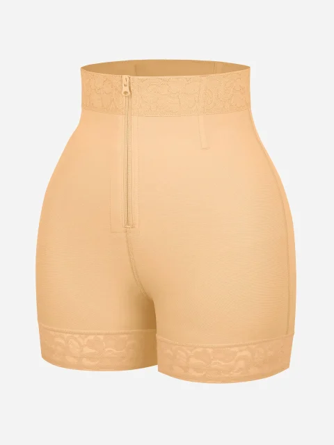 High-Waist Tummy Control Shaping Shorts with Clasps and Zipper