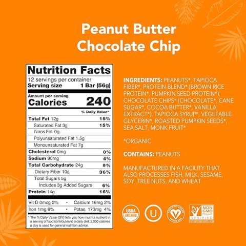 Buy ALOHA Organic Plant Based Protein Bars Peanut Butter Chocolate Chip | Vegan Low Sugar Protein Snack Bars Pack of 12