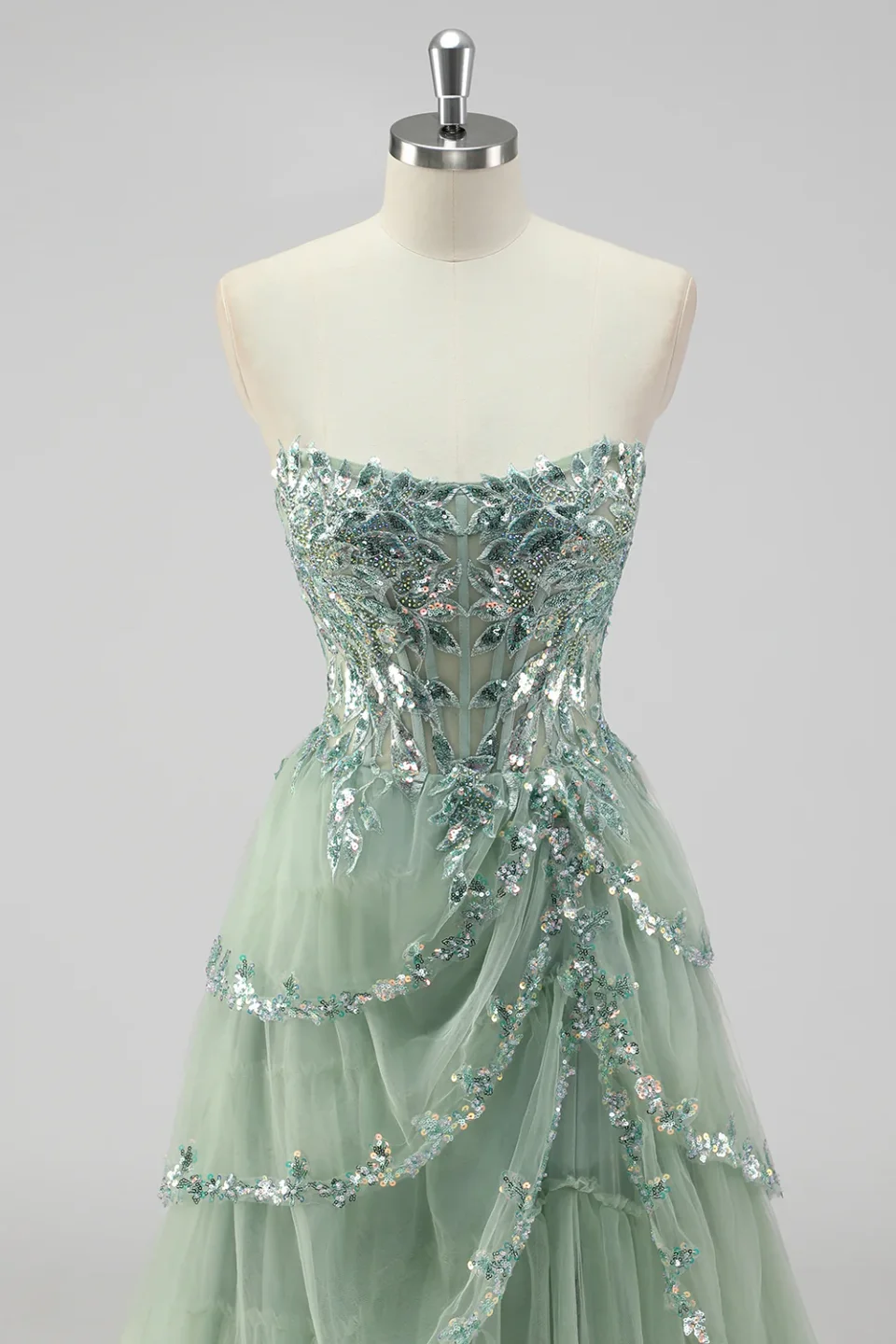 Buy Sage Green Sequin Corset Prom Dress with Slit