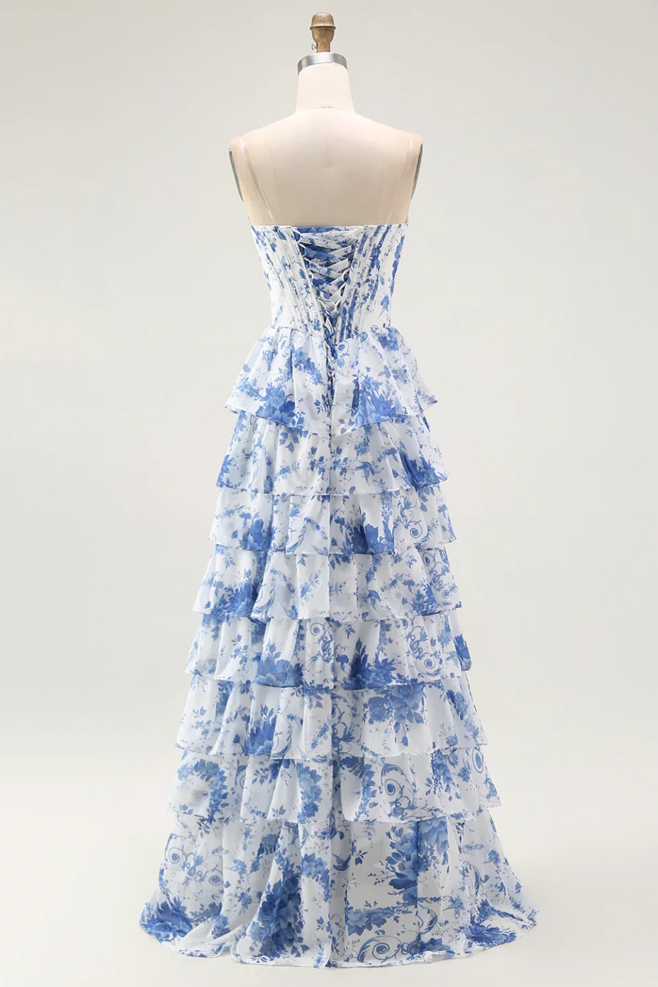 Blue and White Floral Corset Prom Dress with Slit | Elegant Formal Evening Gown