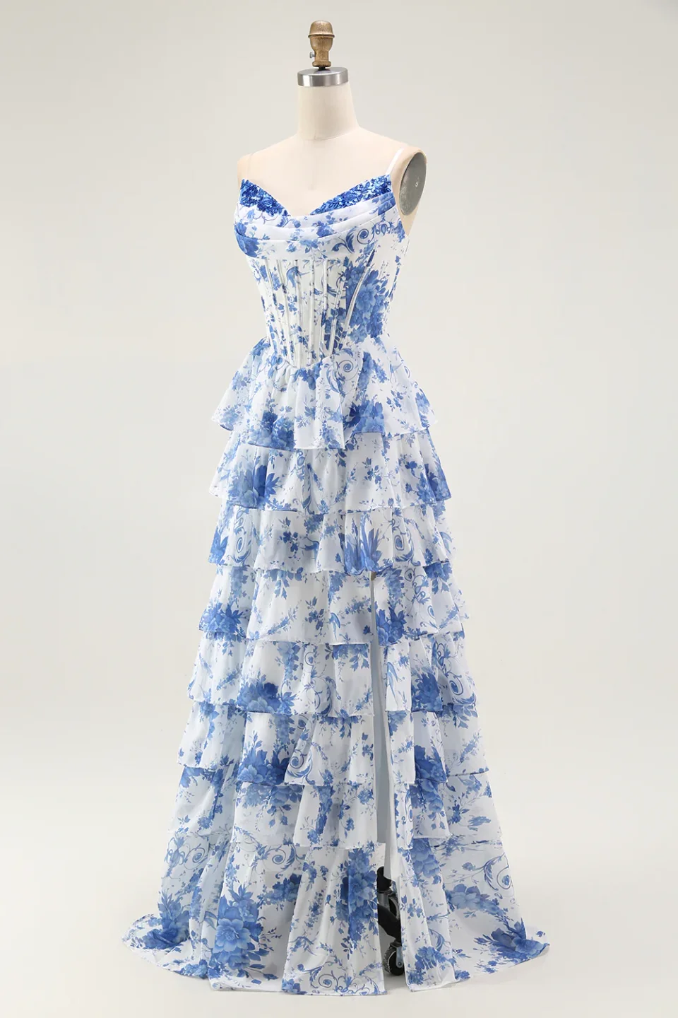 Blue and White Floral Corset Prom Dress with Slit | Elegant Formal Evening Gown