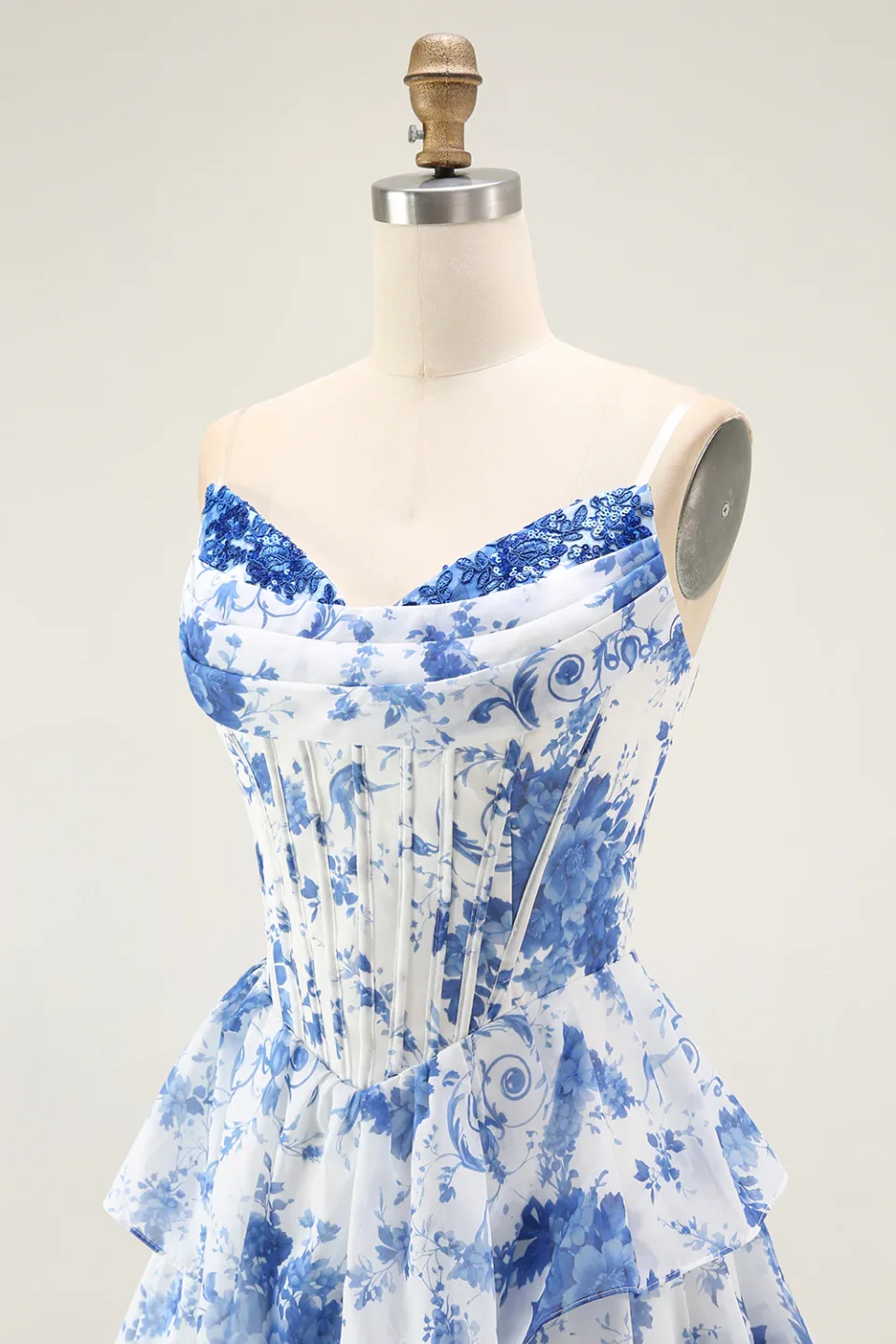 Blue and White Floral Corset Prom Dress with Slit | Elegant Formal Evening Gown