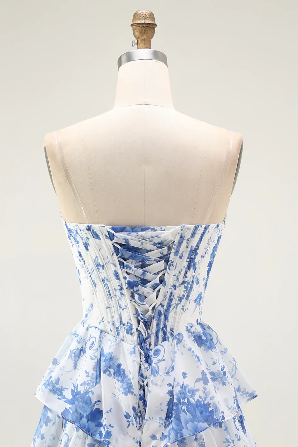 Blue and White Floral Corset Prom Dress with Slit | Elegant Formal Evening Gown
