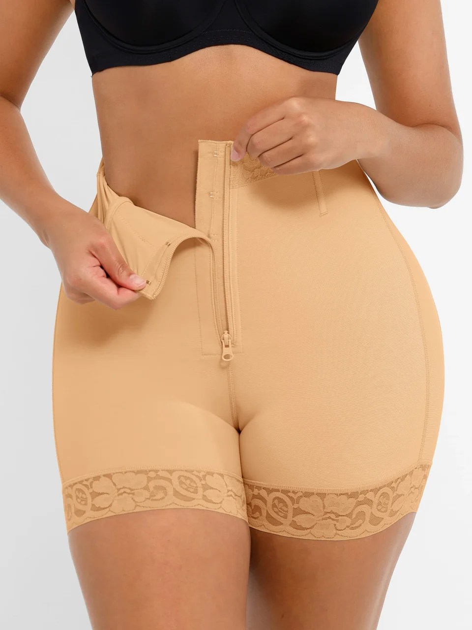 High-Waist Tummy Control Shaping Shorts with Clasps and Zipper