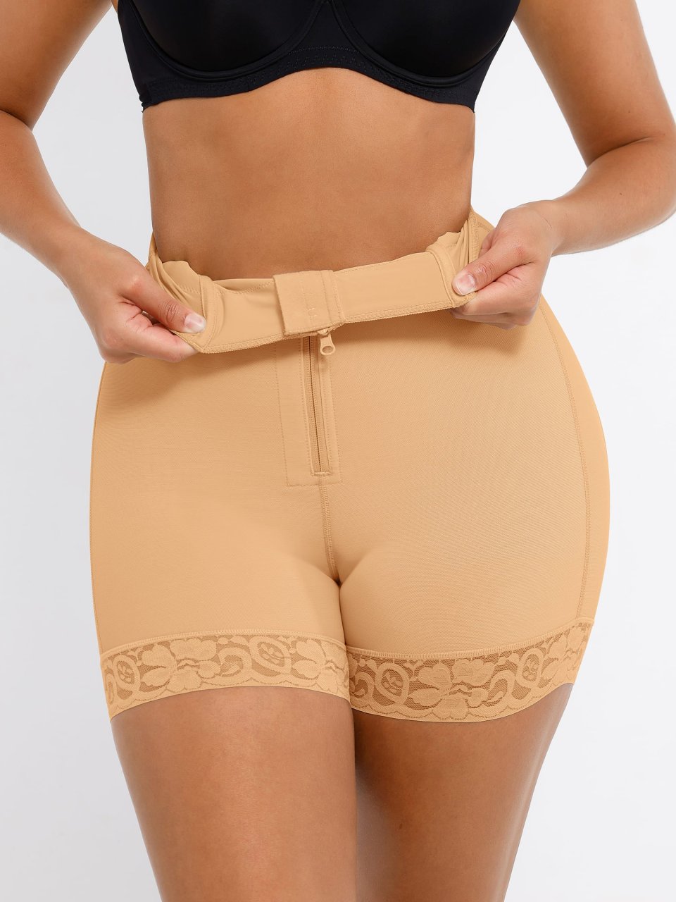 High-Waist Tummy Control Shaping Shorts with Clasps and Zipper