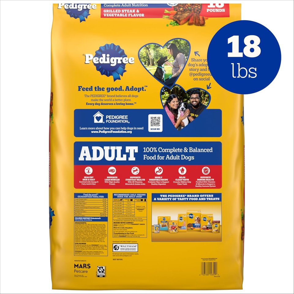 Buy Pedigree Adult Dry Dog Food Grilled Steak & Vegetable Flavor 18 lb Bag | Complete Nutrition Dog Food for Healthy Adult Dogs