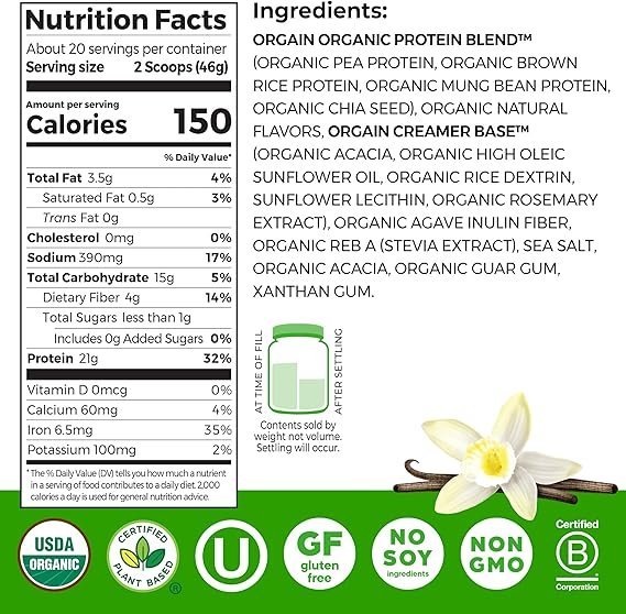 Orgain Organic Vegan Protein Powder, Vanilla Bean | 21g Plant Protein