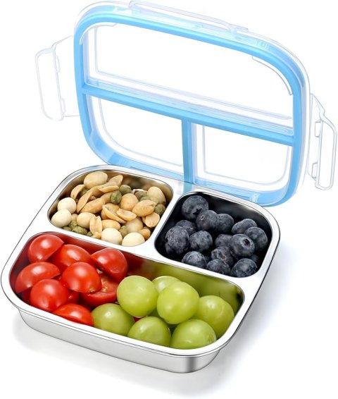 Buy Stainless Steel Snack Containers with 3 Compartments Online | Reusable Bento Lunch Box with Lids for Kids & Adults - Blue