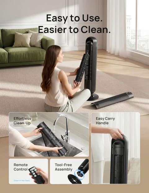 Buy DREO Tower Fan for Bedroom Online | 2026 DC Motor Bladeless Oscillating Fan with Remote, 8 Speeds & Ultra Quiet Cooling | Black