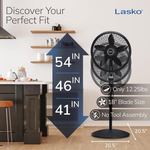 Buy Lasko Oscillating Cyclone Pedestal Fan 1843 Online | 18-Inch Adjustable Standing Fan with Remote, Timer & 3 Speeds | Black