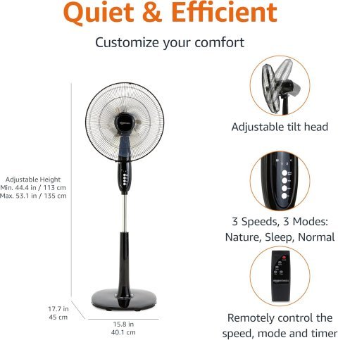 Buy Amazon Basics 16-Inch Pedestal Fan with Remote Online | Adjustable Standing Fan with 3 Speeds, Timer & Dual-Blade Cooling | Black