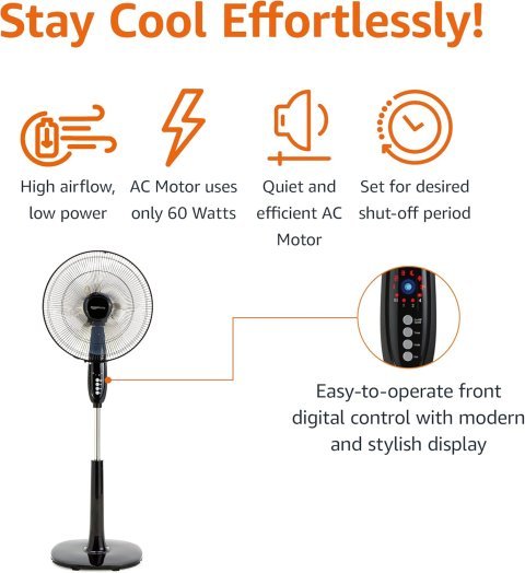 Buy Amazon Basics 16-Inch Pedestal Fan with Remote Online | Adjustable Standing Fan with 3 Speeds, Timer & Dual-Blade Cooling | Black