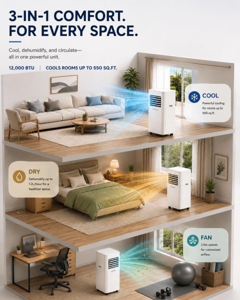 Buy Coolblus 12000 BTU Portable Air Conditioner Online | 3-in-1 Portable AC with Remote, Sleep Mode & Timer for Rooms Up to 550 Sq. Ft. | White