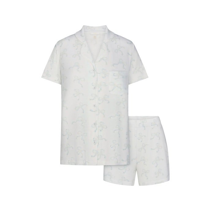 Buy Soft Lounge Short Sleep Set Ivory Pearl Bows Print Online | Ultra-Soft Women's Pajama Shorts Set