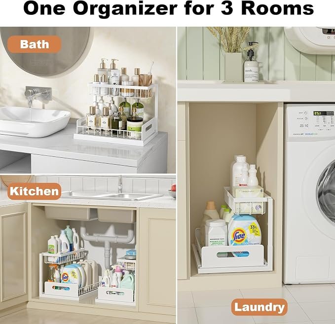 Buy 2-Pack Under Sink Organizer with Pull-Out Shelves Online | 2-Tier Metal Cabinet Storage Organizer White