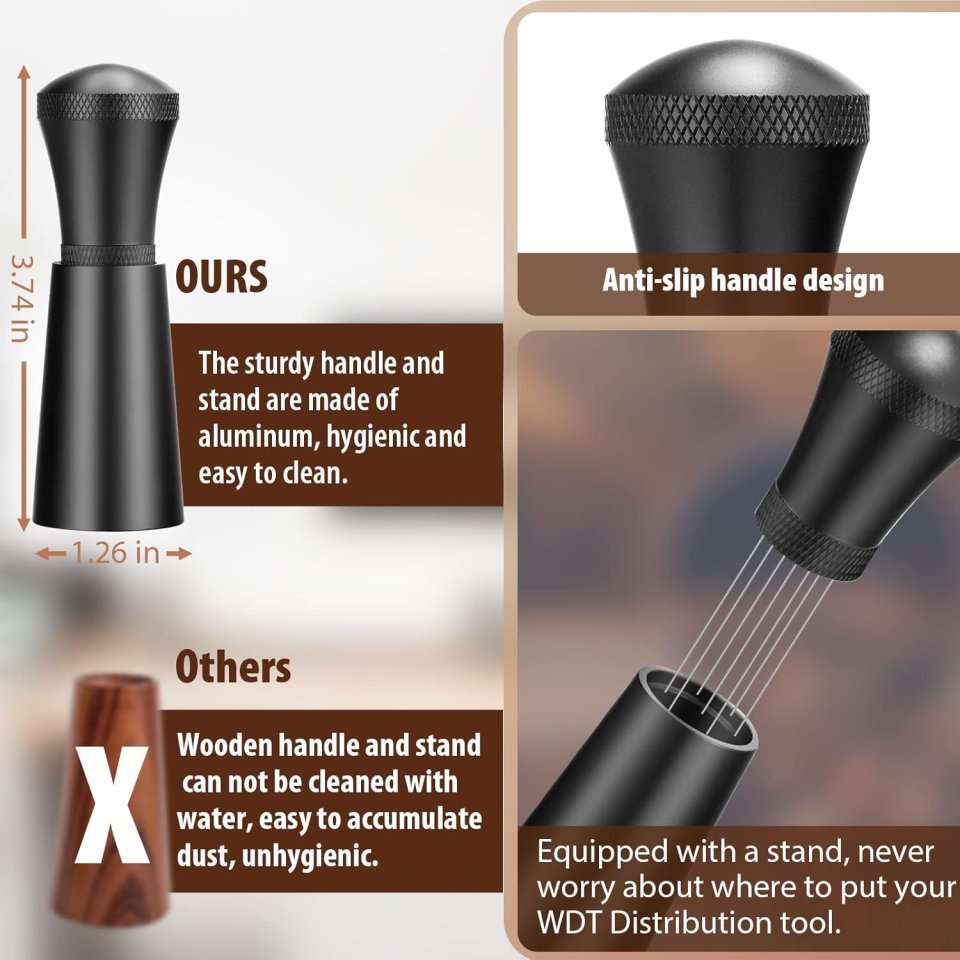 Buy WDT Espresso Distribution Tool Online | 7-Needle Espresso Coffee Stirrer with Aluminum Alloy Handle & Stand - Black