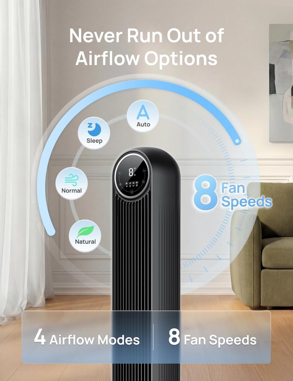 Buy DREO Tower Fan for Bedroom Online | 2026 DC Motor Bladeless Oscillating Fan with Remote, 8 Speeds & Ultra Quiet Cooling | Black