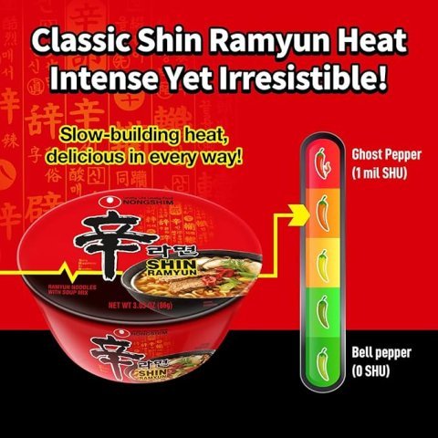 Buy Nongshim Shin Ramyun Bowl Noodles Online | Spicy Korean Instant Ramyun with Rich Beef Flavored Broth 3.03 oz 12 Pack