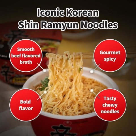 Buy Nongshim Shin Ramyun Bowl Noodles Online | Spicy Korean Instant Ramyun with Rich Beef Flavored Broth 3.03 oz 12 Pack