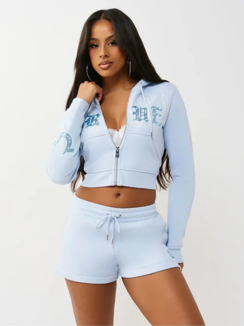Crystal Embroidered Shrunken Zip Hoodie for Everyday Comfort
