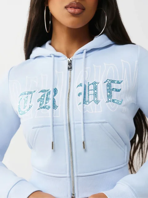 Crystal Embroidered Shrunken Zip Hoodie for Everyday Comfort
