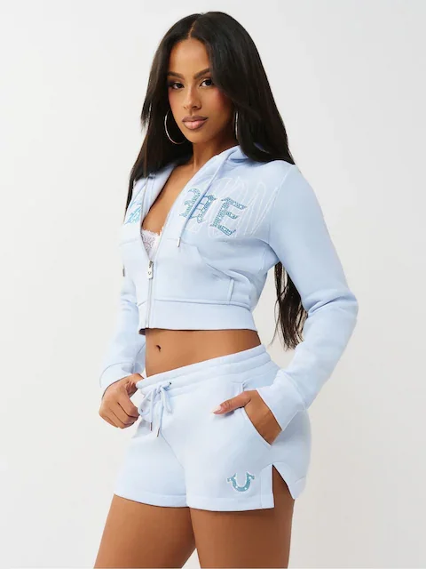Crystal Embroidered Shrunken Zip Hoodie for Everyday Comfort