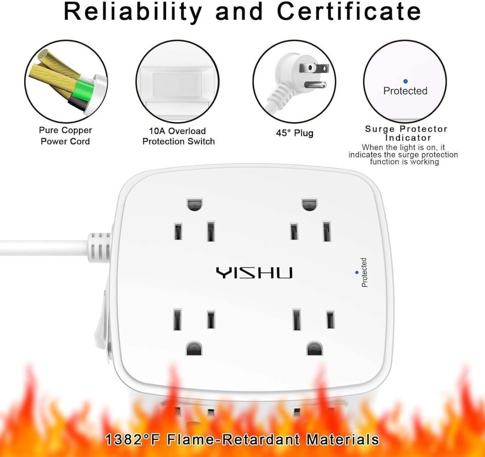 Buy 6 Ft Surge Protector Power Strip Online | 8 AC Outlets with 4 USB Ports, Flat Plug Extension Cord