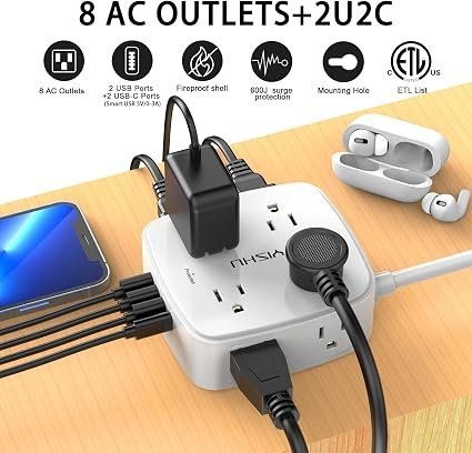 Buy 6 Ft Surge Protector Power Strip Online | 8 AC Outlets with 4 USB Ports, Flat Plug Extension Cord