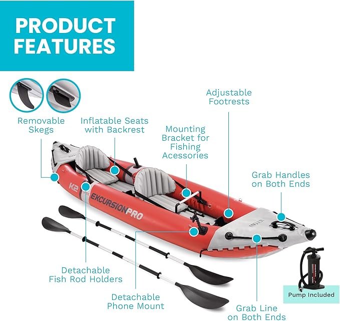 Buy INTEX Excursion Pro K2 Inflatable Kayak Set Online | 2-Person Fishing & Recreational Kayak with Paddles & Pump