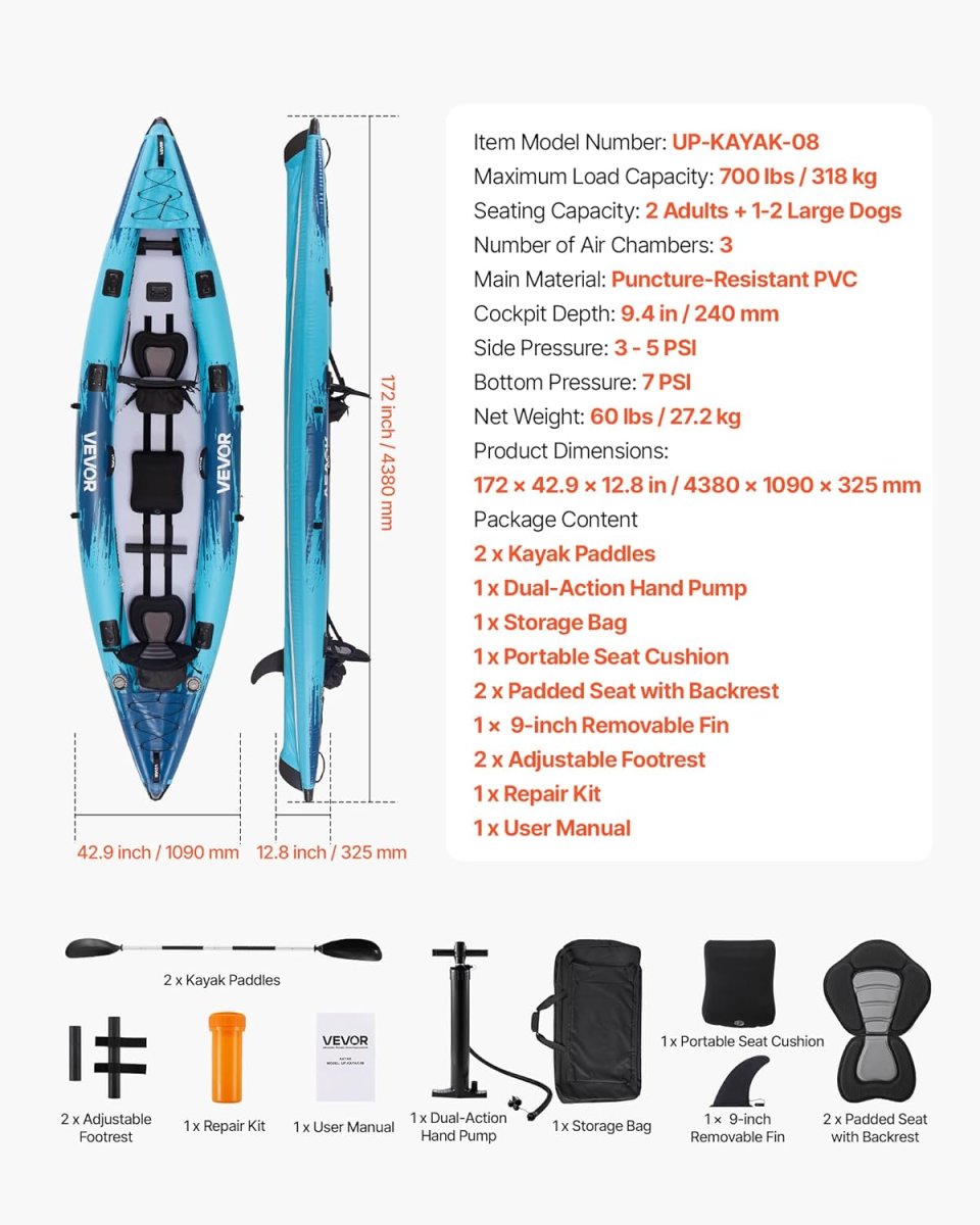 Buy VEVOR 2-Person Inflatable Kayak Online | 14'4" Family Touring Kayak with Pump, Paddles & Carry Bag