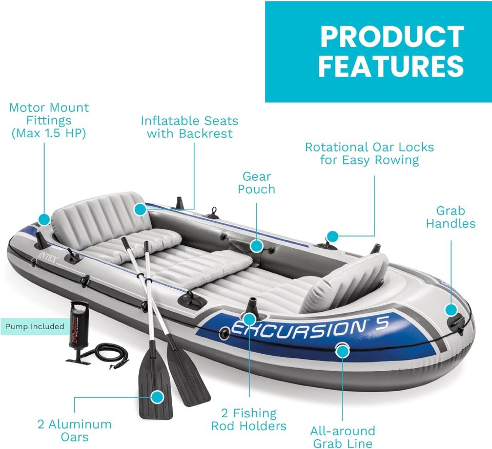 Buy Intex Excursion 5 Person Inflatable Boat Online | 5-Seater Fishing & Recreational Raft with Oars