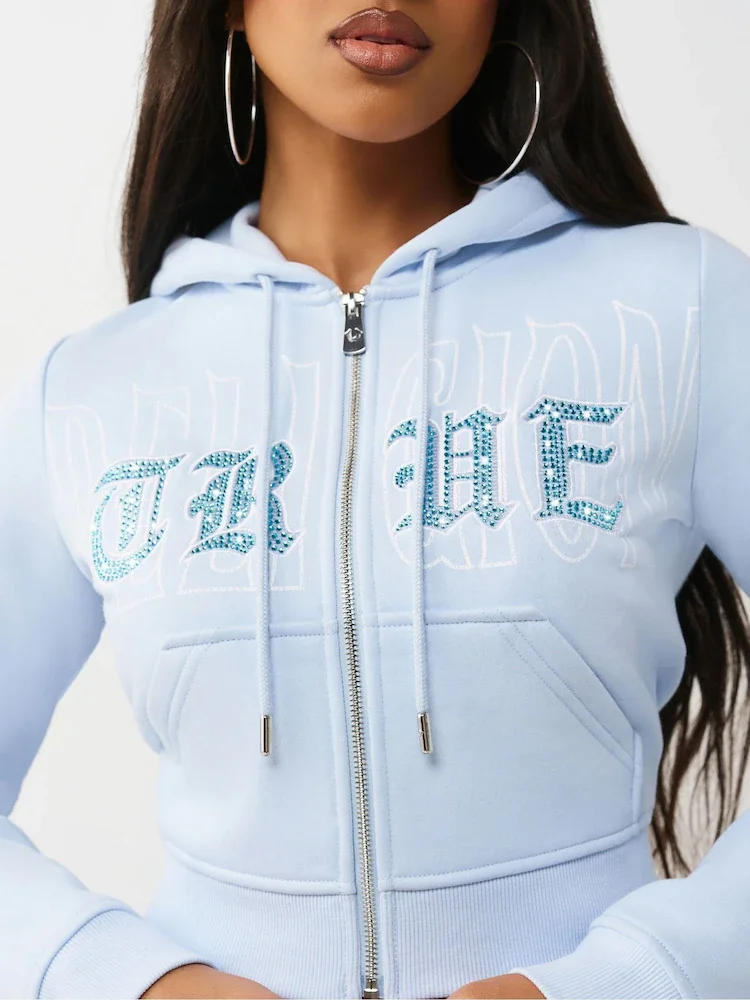 Crystal Embroidered Shrunken Zip Hoodie for Everyday Comfort
