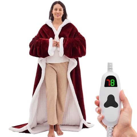 Wearable Heated Christmas Blanket Electric Snuggle - Heated Robe with Foot Pocket for Adult, Winter Gifts for Mom Women 5-Position Timer 10-Heating Levels,50 * 70",Burgundy