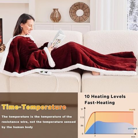 Wearable Heated Christmas Blanket Electric Snuggle - Heated Robe with Foot Pocket for Adult, Winter Gifts for Mom Women 5-Position Timer 10-Heating Levels,50 * 70",Burgundy
