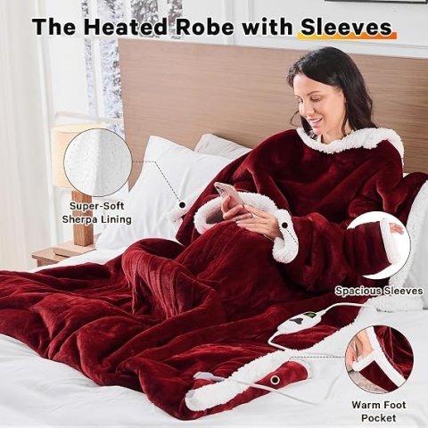 Wearable Heated Christmas Blanket Electric Snuggle - Heated Robe with Foot Pocket for Adult, Winter Gifts for Mom Women 5-Position Timer 10-Heating Levels,50 * 70",Burgundy