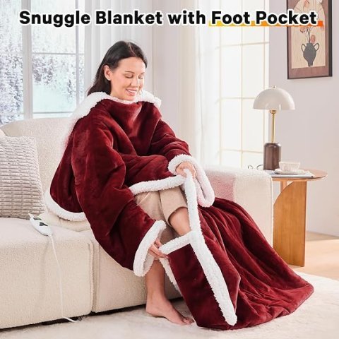 Wearable Heated Christmas Blanket Electric Snuggle - Heated Robe with Foot Pocket for Adult, Winter Gifts for Mom Women 5-Position Timer 10-Heating Levels,50 * 70",Burgundy