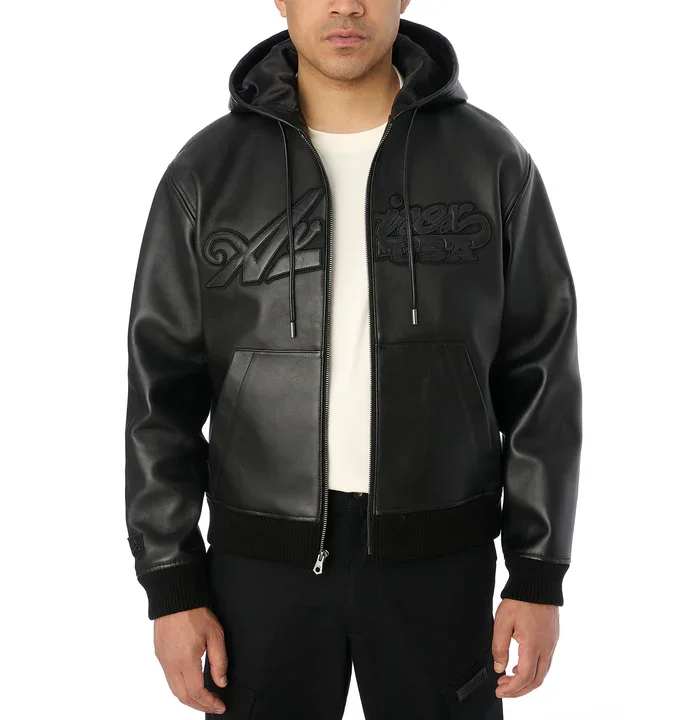 Moletom com Capuz de Couro Nappa Avirax Preto – Jaqueta de Couro Masculina Premium