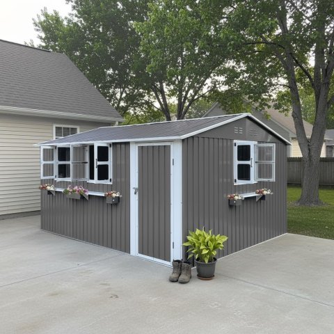 Abri de jardin en métal 12x10 FT avec 3 fenêtres claires, étagère à fleurs et porte verrouillable – Abri à outils étanche et robuste
