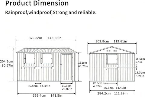 Abri de jardin en métal 12x10 FT avec 3 fenêtres claires, étagère à fleurs et porte verrouillable – Abri à outils étanche et robuste