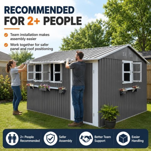 Abri de jardin en métal 12x10 FT avec 3 fenêtres claires, étagère à fleurs et porte verrouillable – Abri à outils étanche et robuste