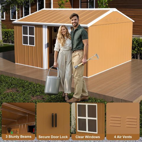 Galpão de Armazenamento Metálico Premium 12 ft x 10 ft com Janelas, Prateleira para Flores e Porta Trancável