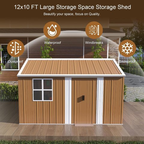 Galpão de Armazenamento Metálico Premium 12 ft x 10 ft com Janelas, Prateleira para Flores e Porta Trancável